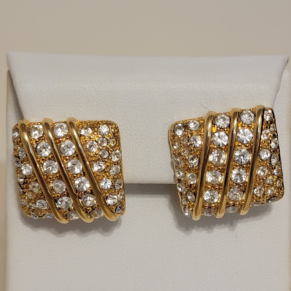 Vintage Monet Gold Tone Pavé Rhinestone Pierced Statement Earrings 1980s